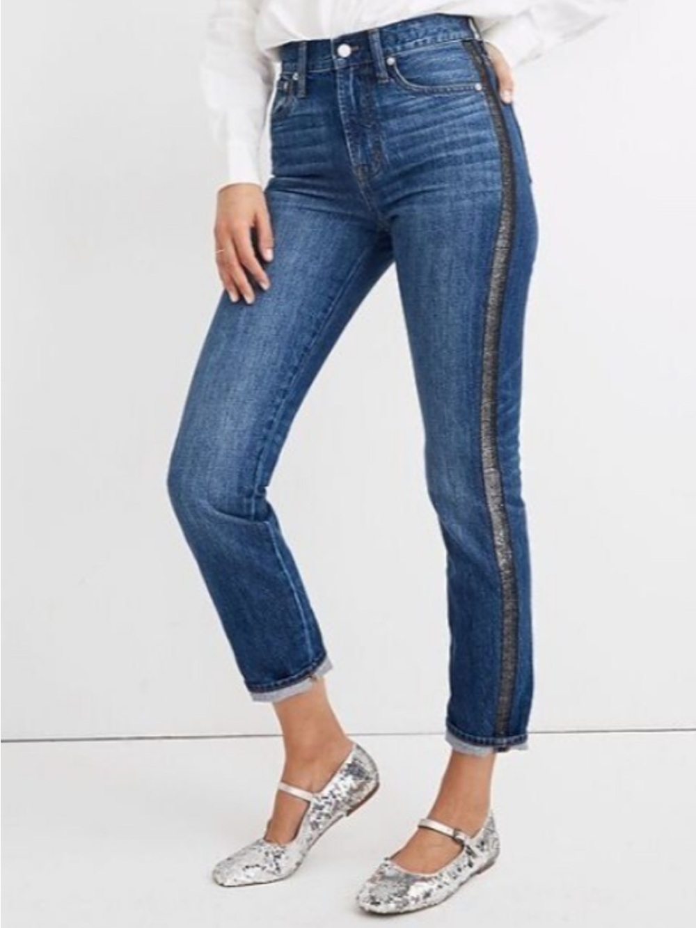 Madewell The Perfect Vintage Jeans 30 Metallic Shimmer Tuxedo Stripe Holidays